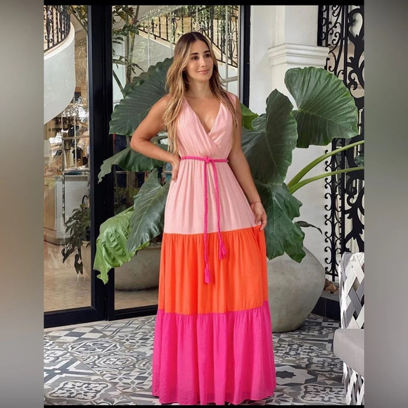 Flying Tomato Pleated Tiered Maxi Dress in Pink and Orange - Picture 2 of 14